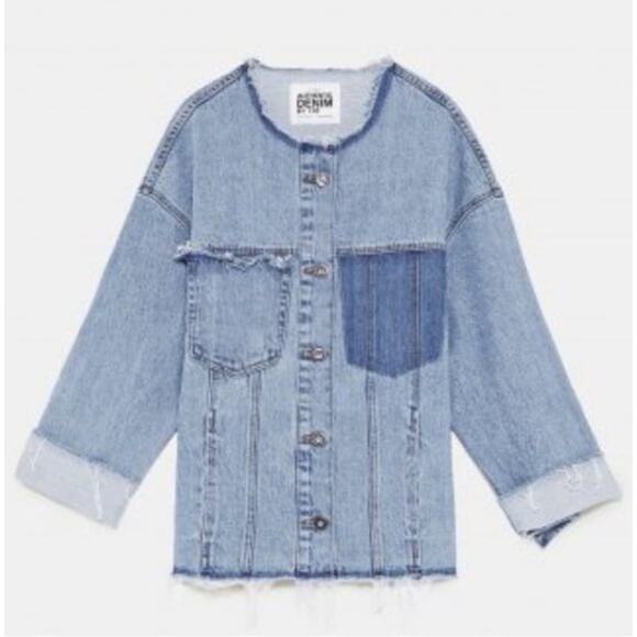 ZARA TRF Collarless Frayed Denim Jacket Size XS - Picture 13 of 14